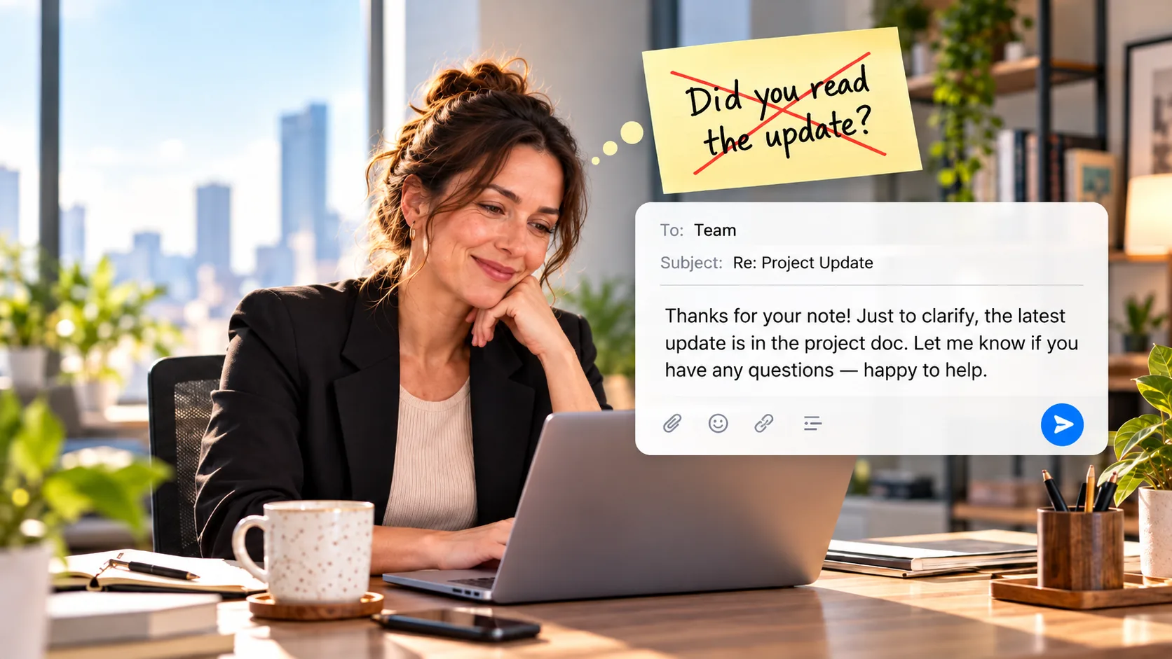 Office worker smiling politely while typing a diplomatic reply to a frustrating email