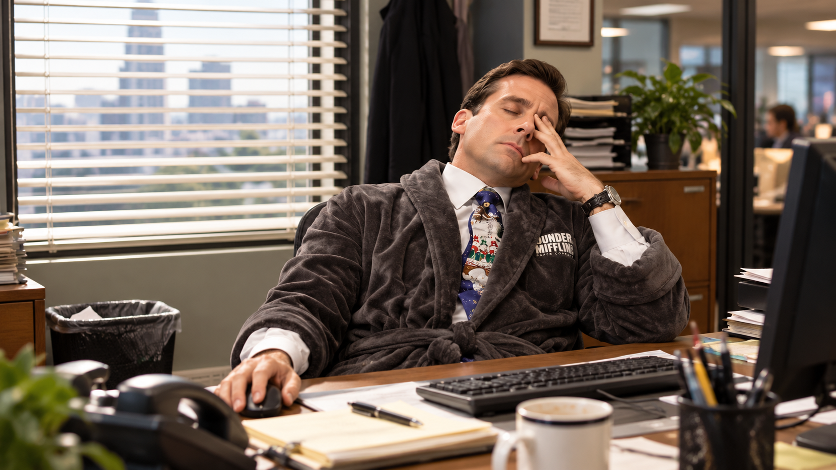 Exhausted office worker in a bathrobe dozing at his desk during the 9-to-5 grind