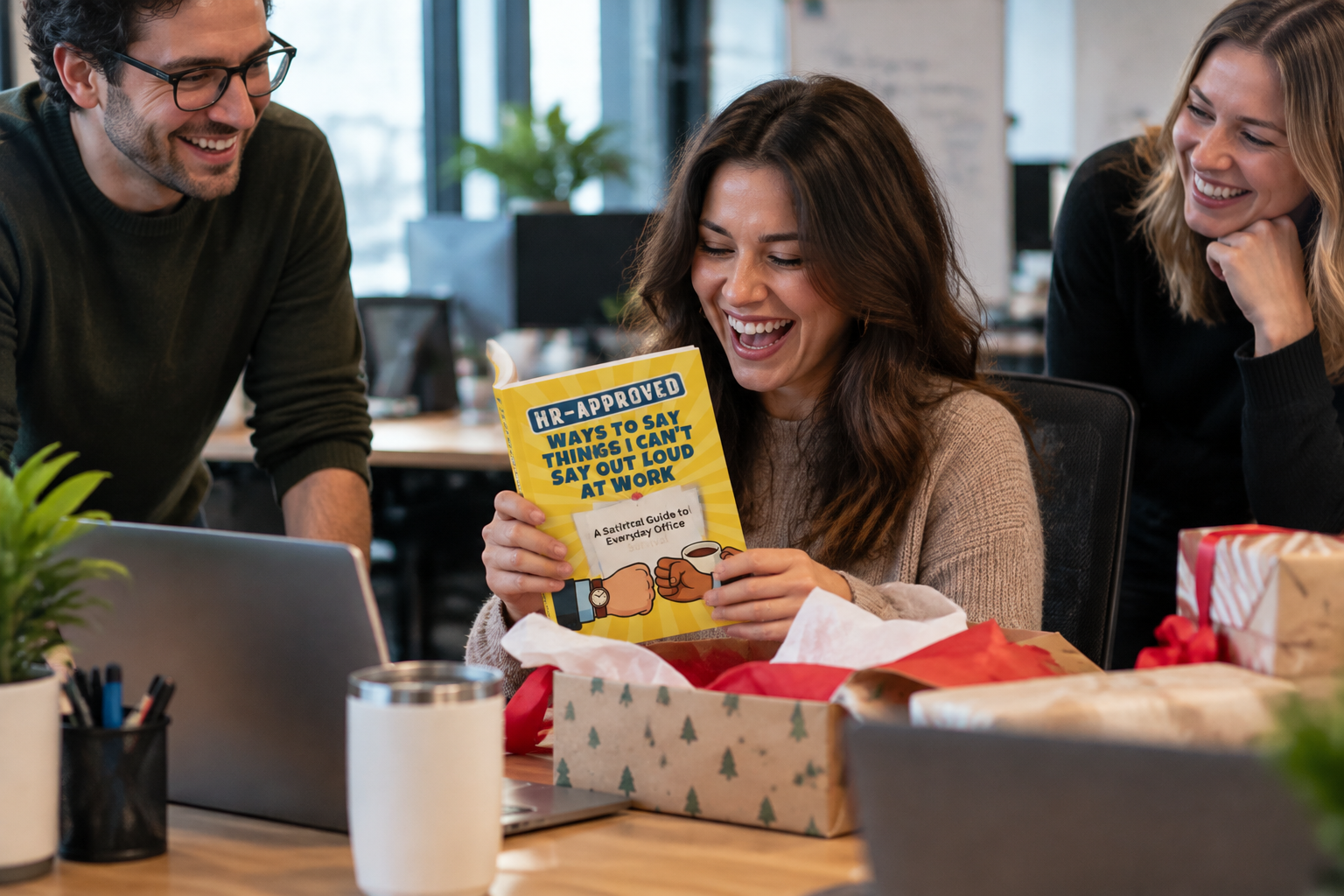 Coworkers laughing around a desk as one opens a wrapped gift revealing an HR Approved joke book